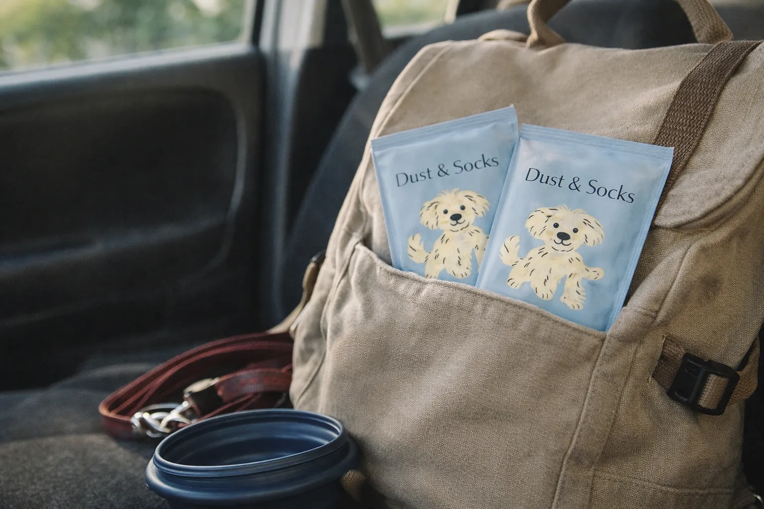 Two travel packs in a backpack pocket on a car seat.