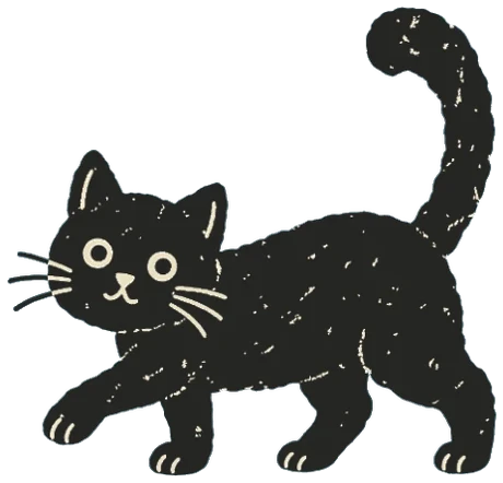 A black cat walking past with its tail up.