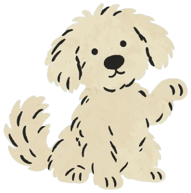 A fluffy cream dog waving one paw.