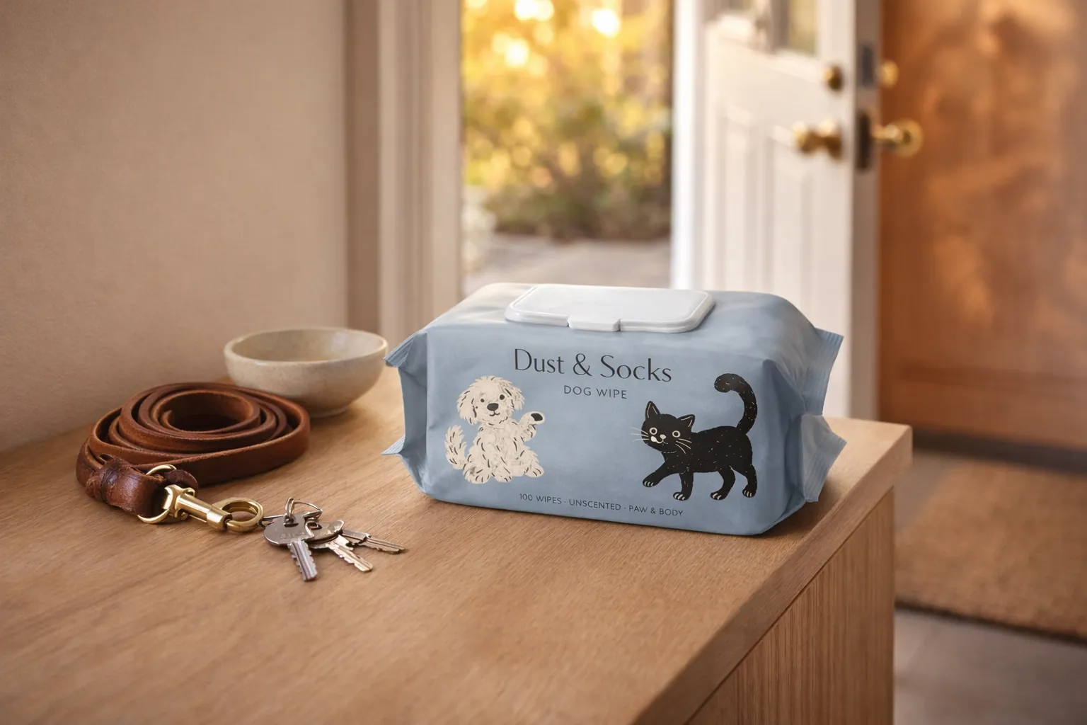 The light-blue pouch on an entry table beside a leash and keys.