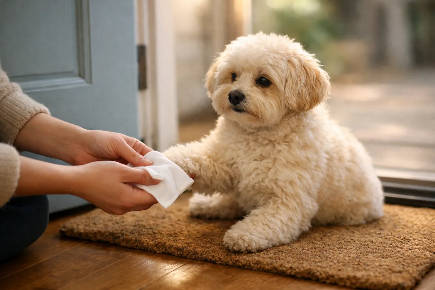A person wiping a fluffy cream dog’s paw at the front door.