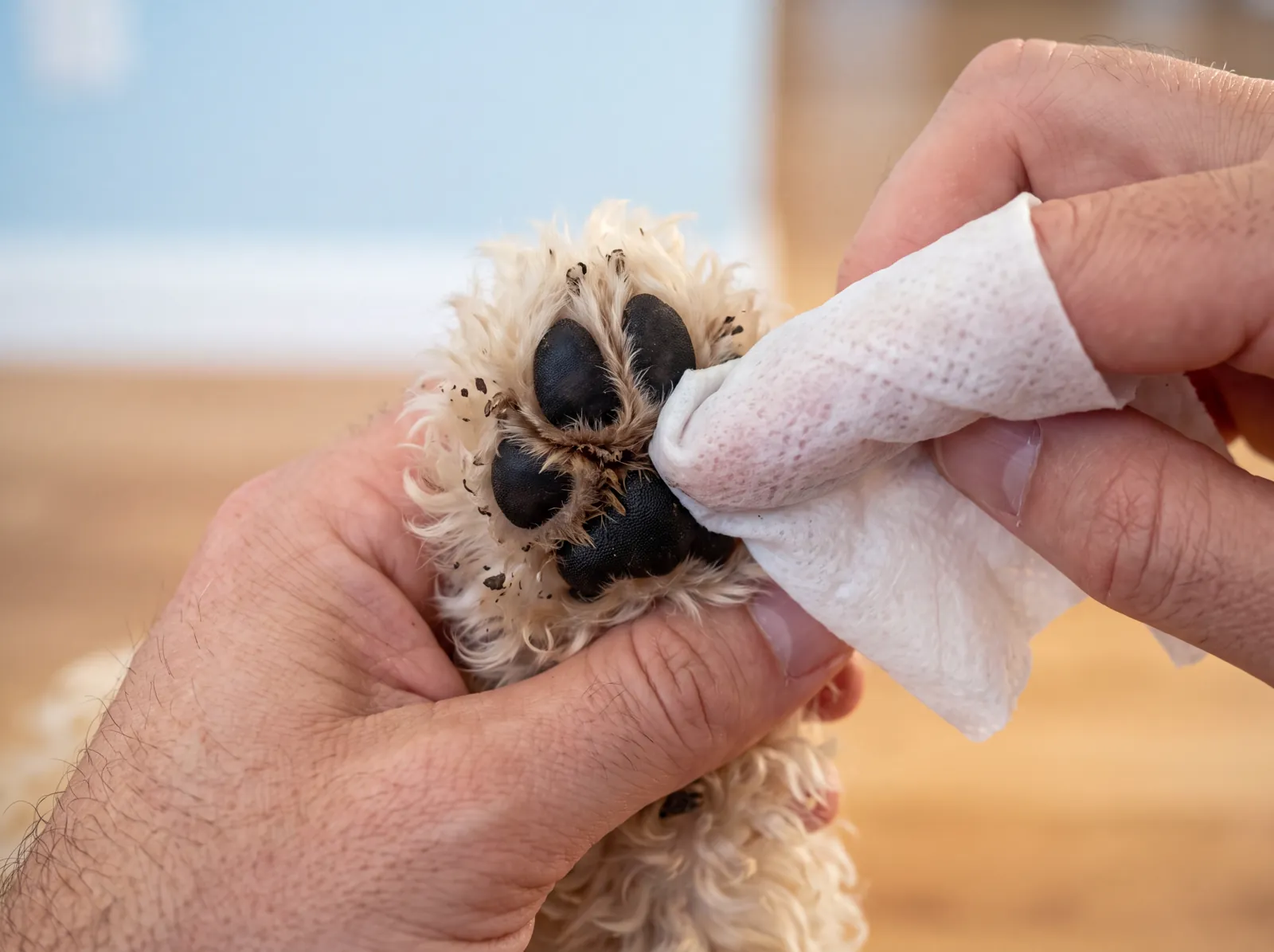 Fingers wiping between a puppy’s toe pads.